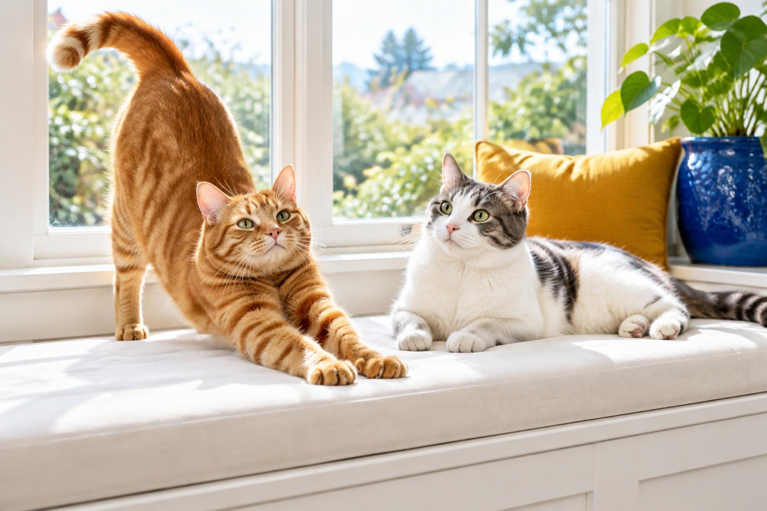 Two relaxed cats enjoying a sunny window seat