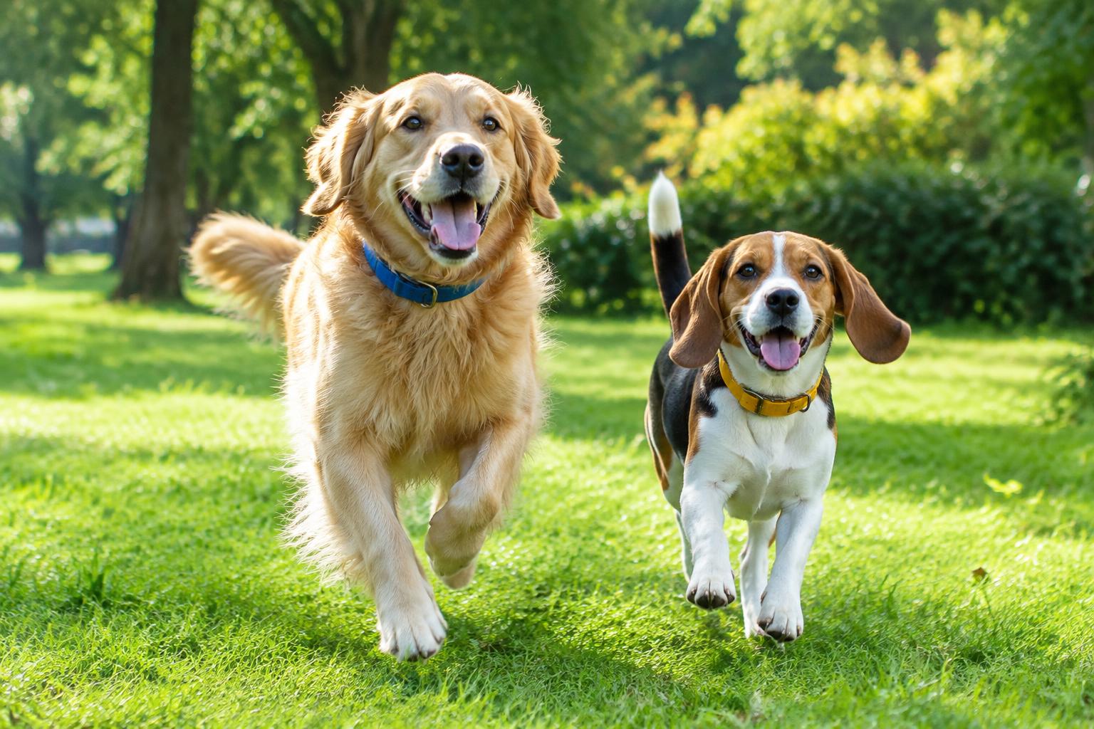 A happy golden retriever and beagle playing in a sunny park