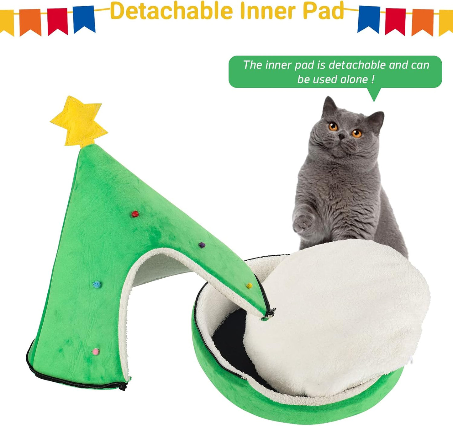 Cozy Christmas Tree Cat Bed - 2-in-1 Removable Teepee for Cats & Small Dogs - Warm Green Pet Tent House