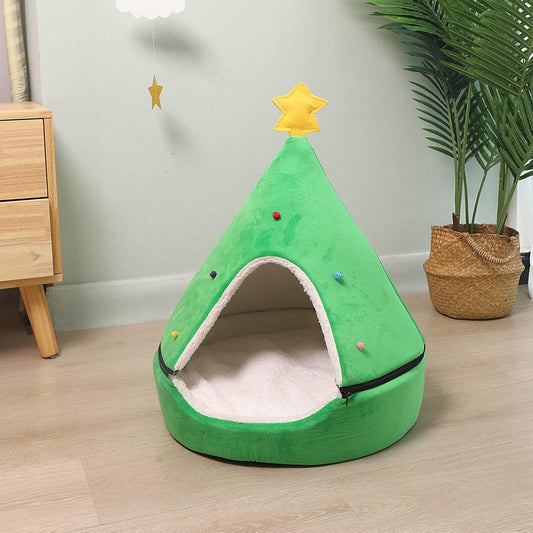 Cozy Christmas Tree Cat Bed - 2-in-1 Removable Teepee for Cats & Small Dogs - Warm Green Pet Tent House