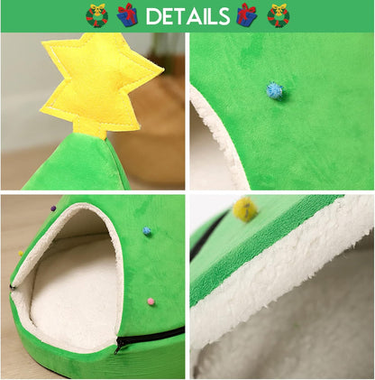 Cozy Christmas Tree Cat Bed - 2-in-1 Removable Teepee for Cats & Small Dogs - Warm Green Pet Tent House