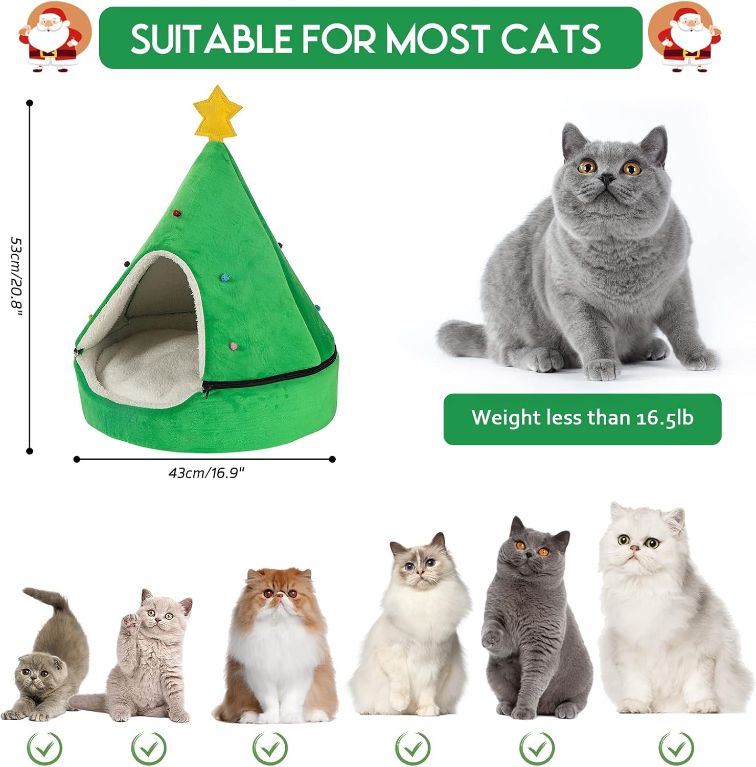 Cozy Christmas Tree Cat Bed - 2-in-1 Removable Teepee for Cats & Small Dogs - Warm Green Pet Tent House