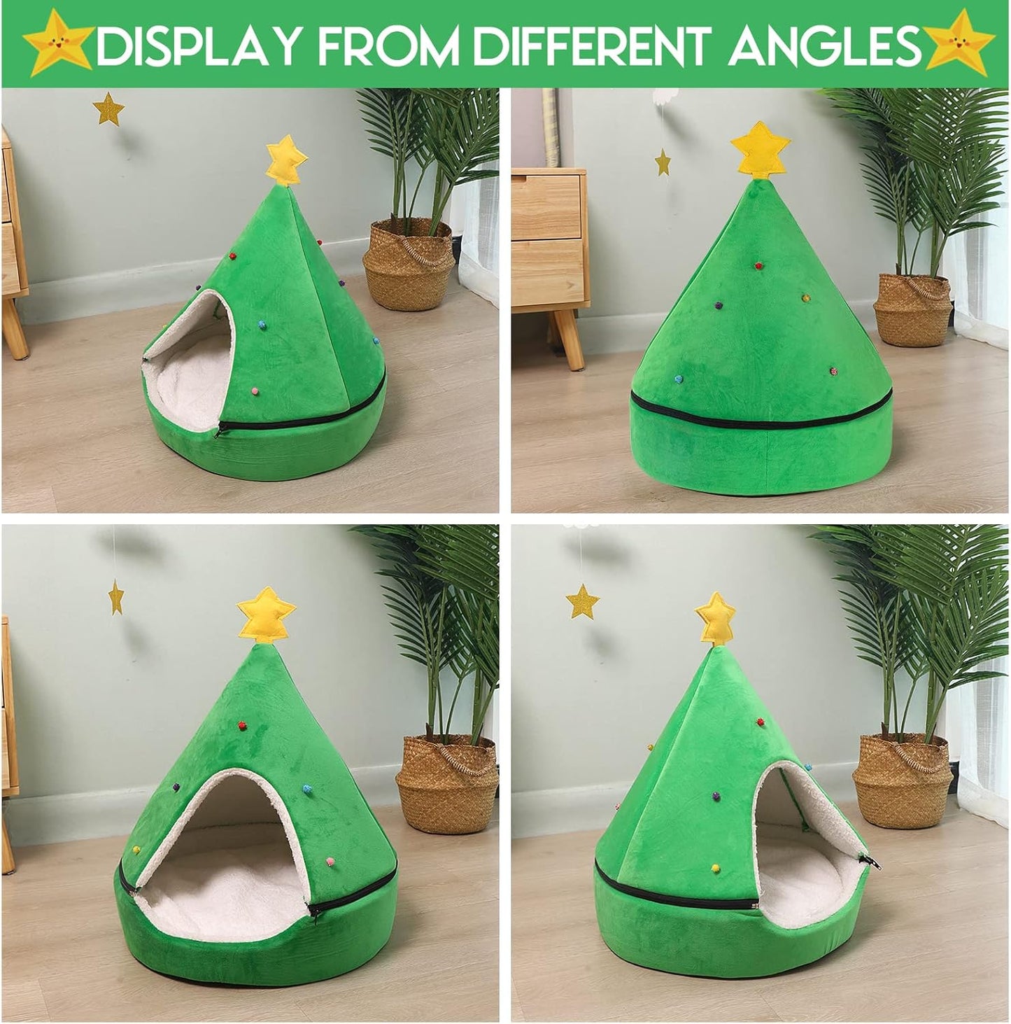 Cozy Christmas Tree Cat Bed - 2-in-1 Removable Teepee for Cats & Small Dogs - Warm Green Pet Tent House