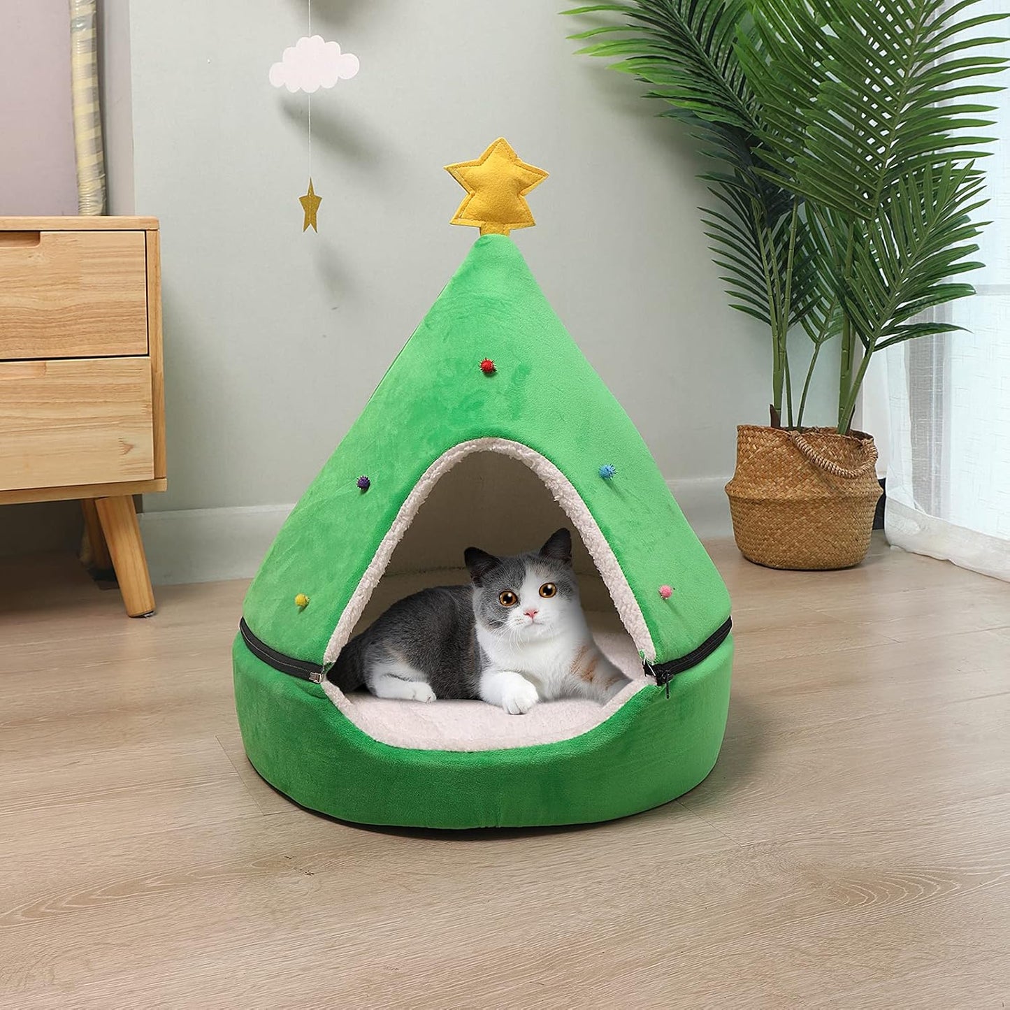Cozy Christmas Tree Cat Bed - 2-in-1 Removable Teepee for Cats & Small Dogs - Warm Green Pet Tent House